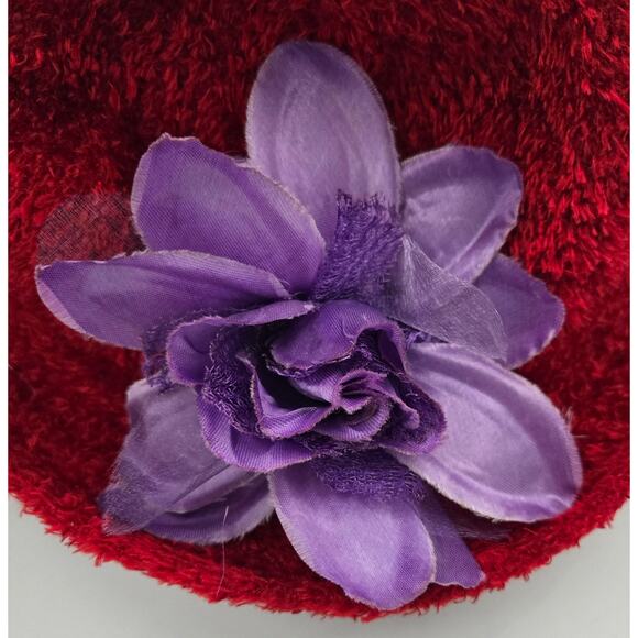 Red Fuzzy Jaclyn Smith Bucket Hat with Purple Flower Pin Season 5812 - Picture 5 of 8